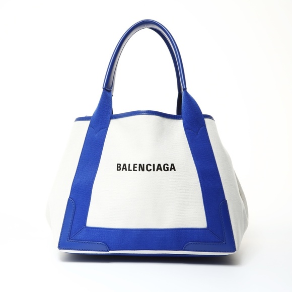 Balenciaga Logo Cabas S Tote Handbag with Pouch Ivory and Blue WS25464